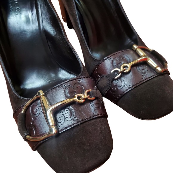 Gucci Horsebit Accented Suede and Embossed Leather Pumps Heels Guccissima 7.5 B - Picture 3 of 16